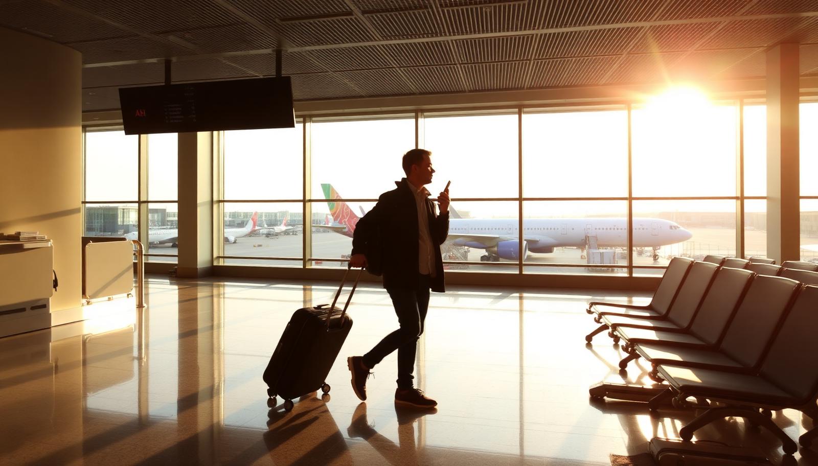 Traveler with luggage using a phone right after landing at the airport